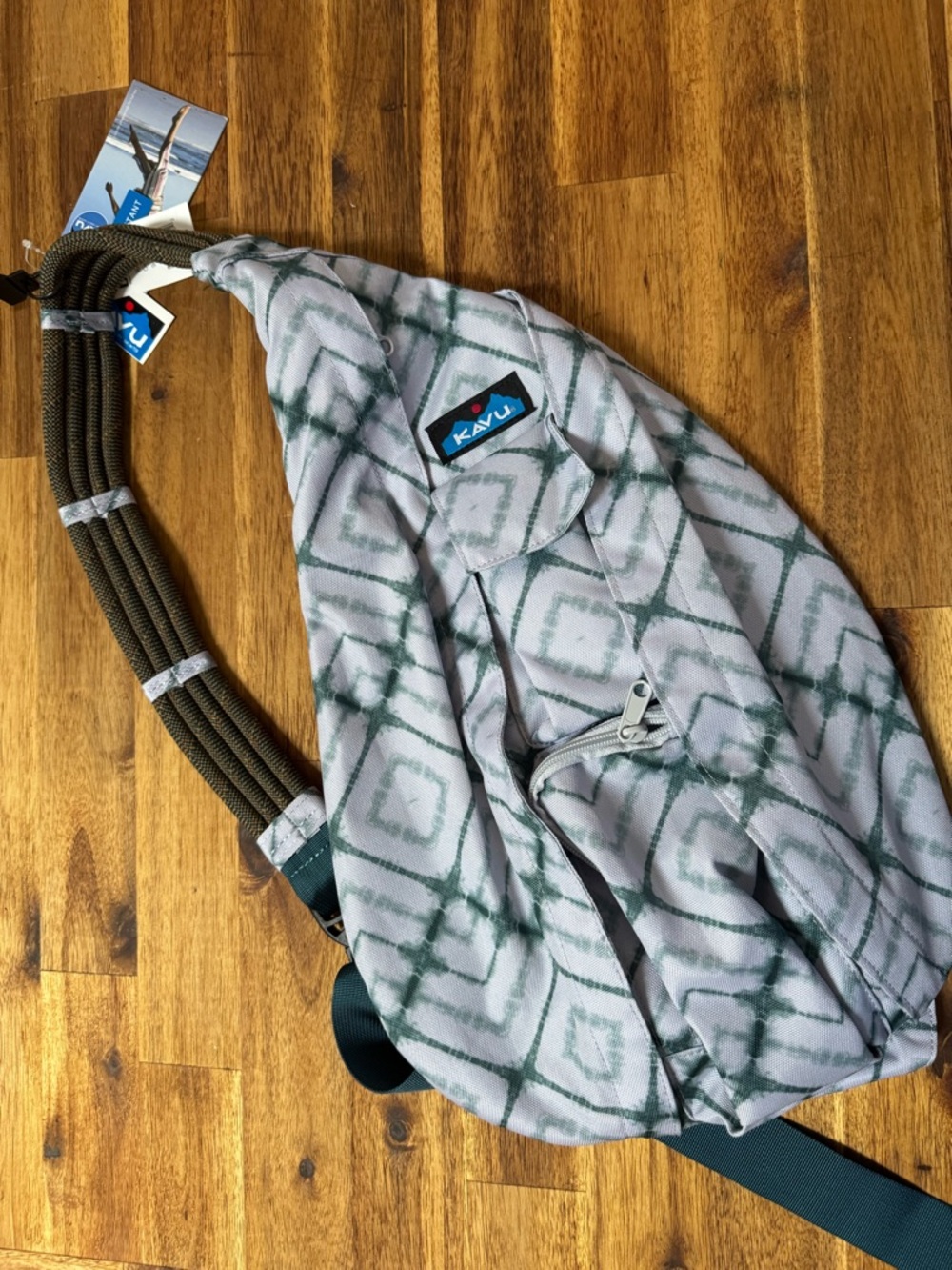 Kavu Gray Sling Backpack with Green Diamond/Ocean Sea Print